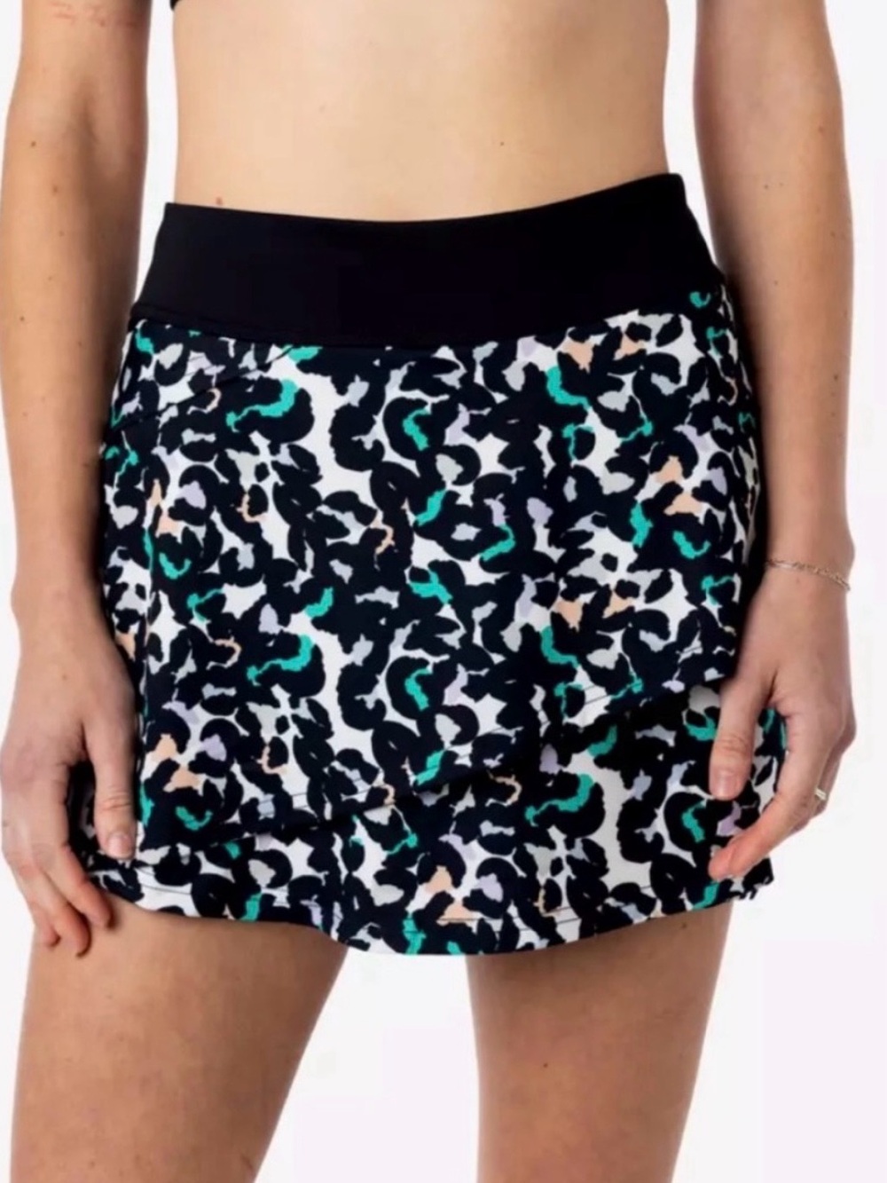 Fila Leopard Print Pickleball Black Green Tiered Tennis Skort Skirt